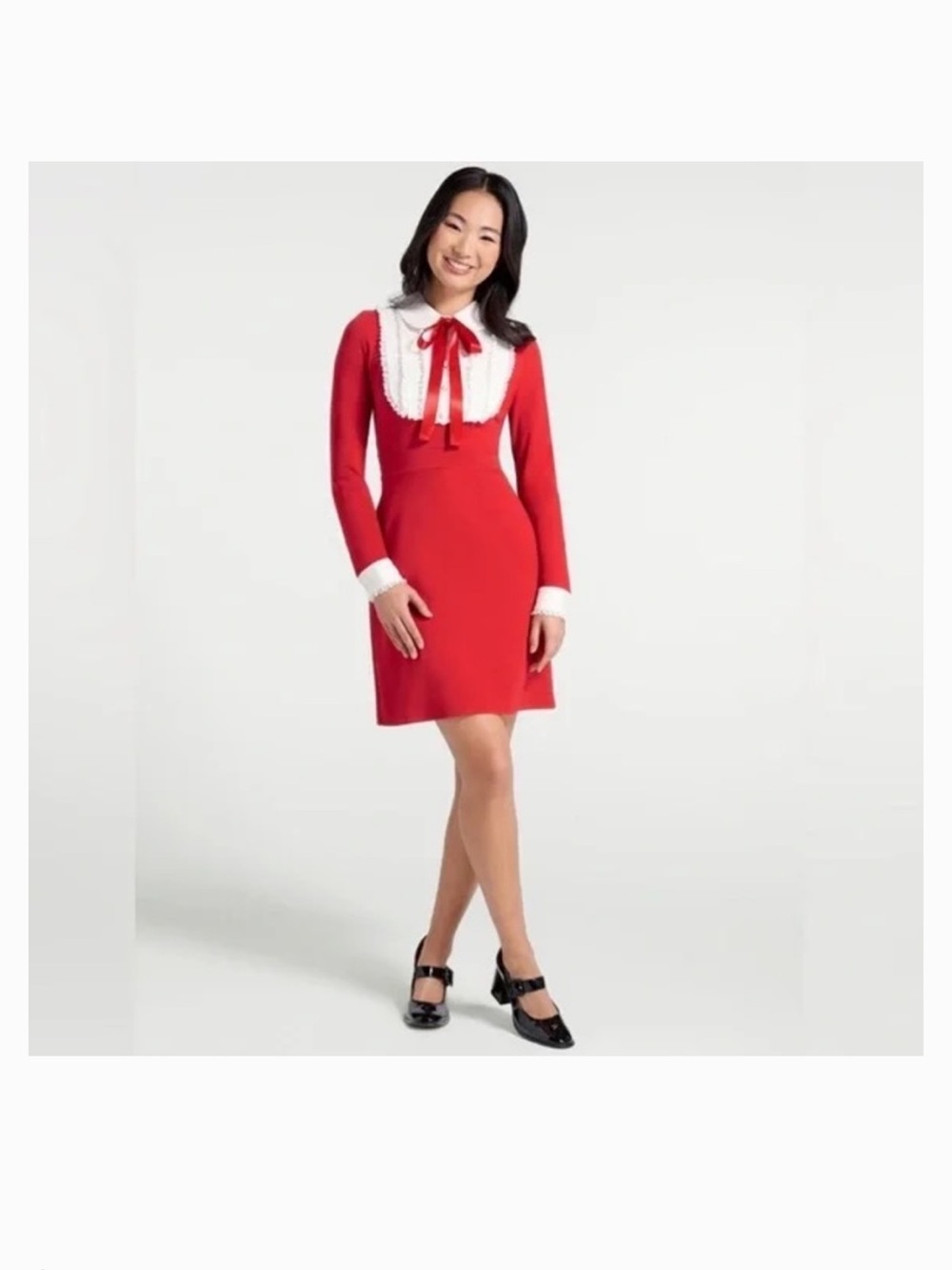ModCloth Red Collared Long-Sleeve Dress with White Bib and Bow
